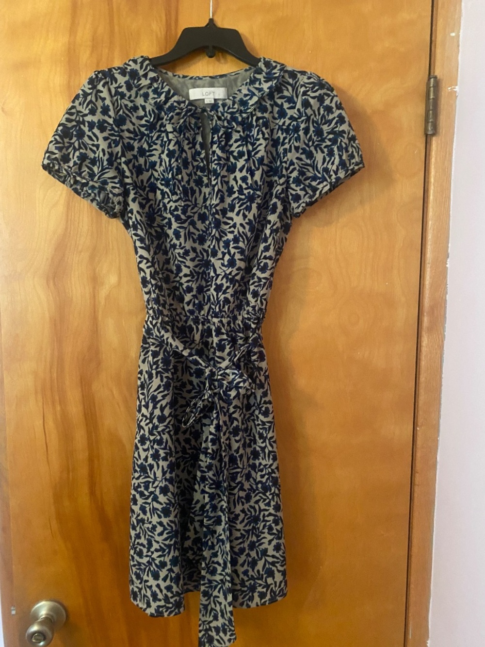 Loft Navy Floral Tie-Waist Short Sleeve Midi Dress